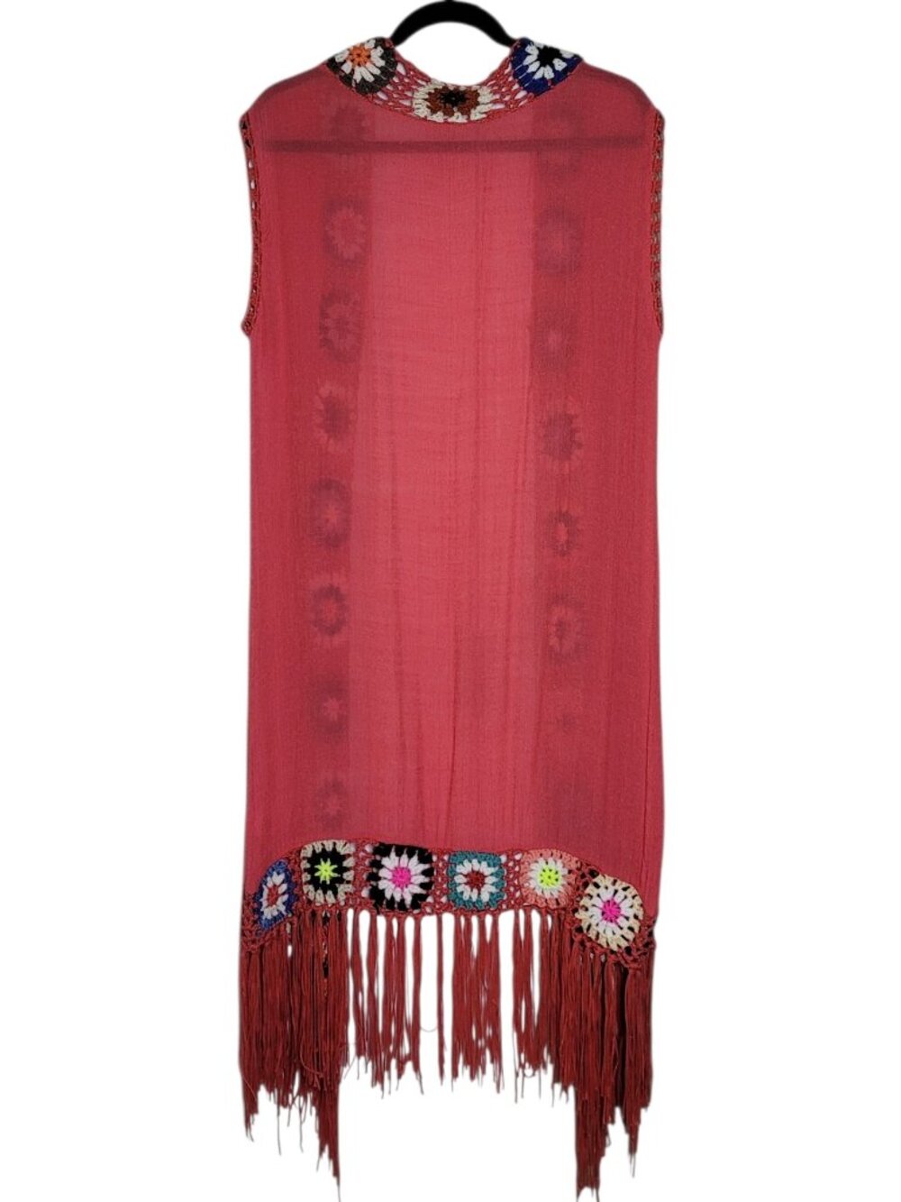 Favlux Crochet Trim Sleeveless Long Cardigan Fringe Vest Coral Festival Boho - Picture 2 of 8